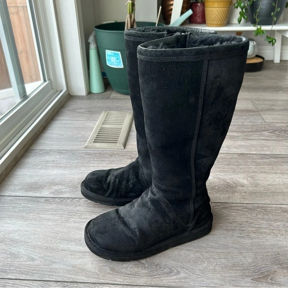 UGG  Black Sheepskin Lining Suede Leather Tall Boots